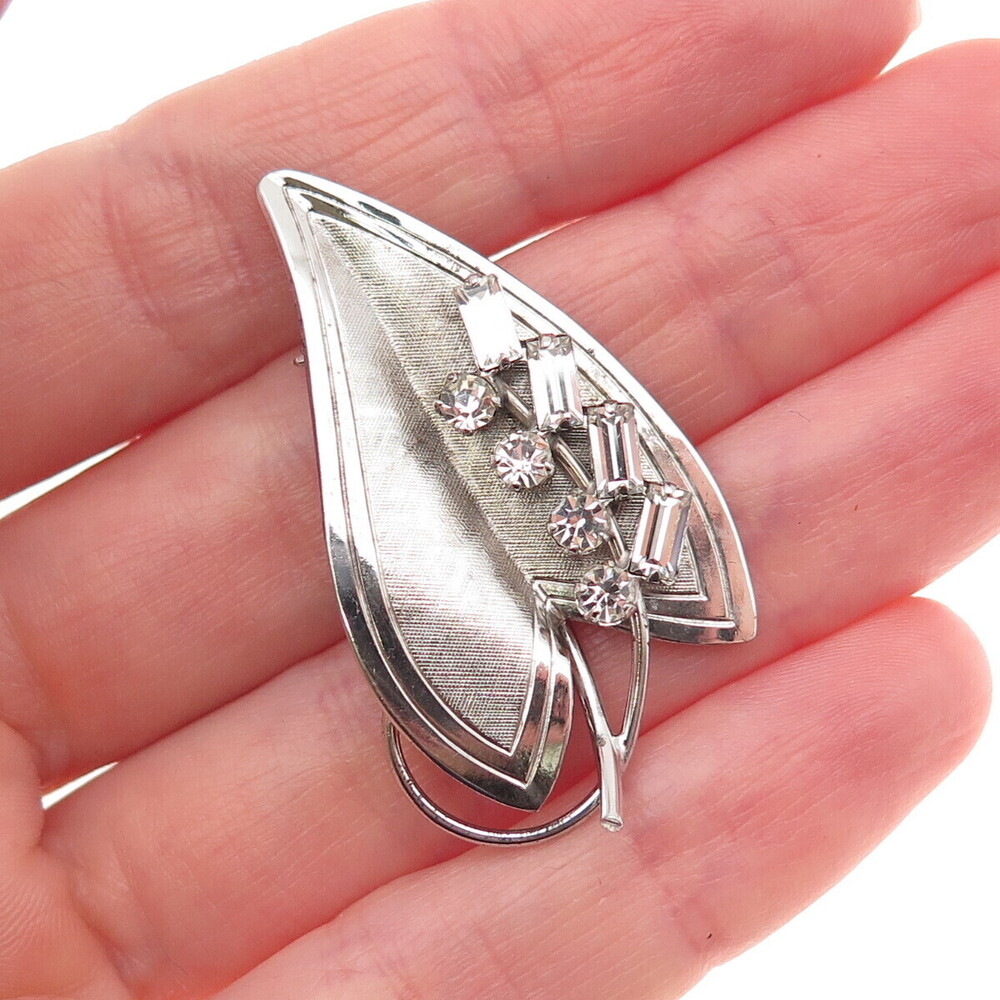 925 Sterling Silver Antique Art Deco Rhinestone Floral Leaf Pin Brooch